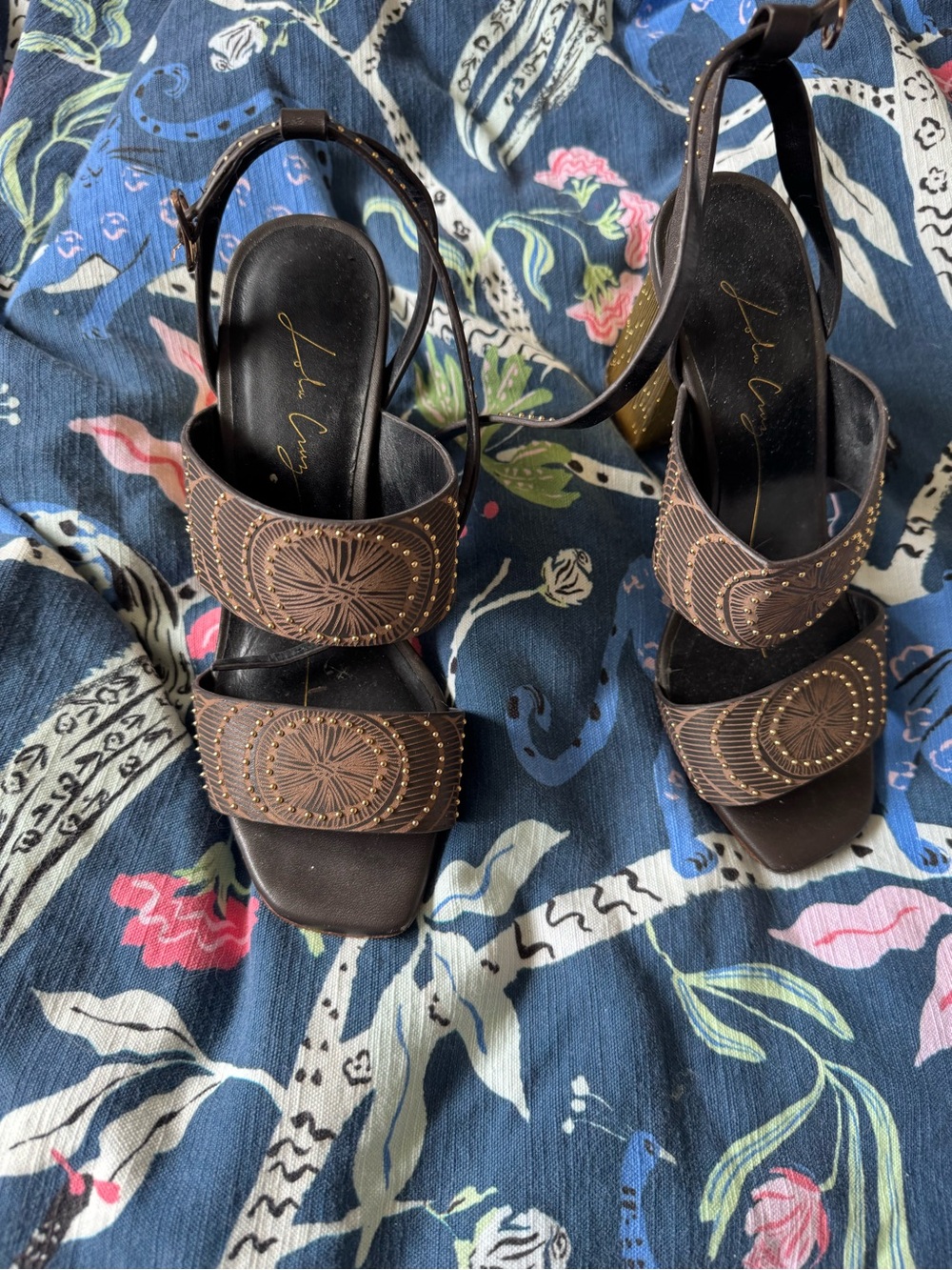 Lola Cruz Brown Studded Leather Slingback Sandals